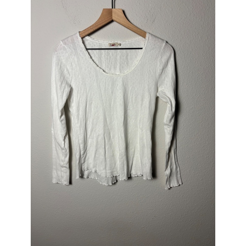 Faherty White Pointelle Knit Long Sleeve Top Cotton Lace Trim Scoop Neck Medium